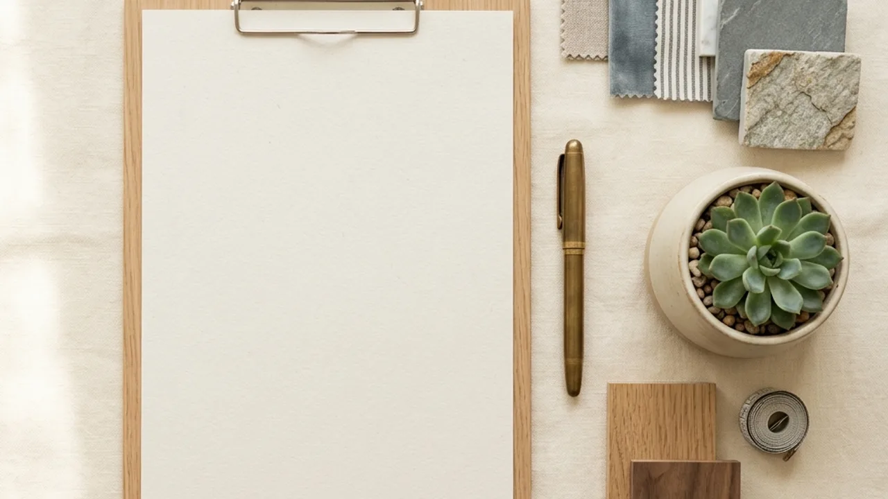 Melbourne kitchen renovation planning checklist with material swatches and a brass pen on a cream desk