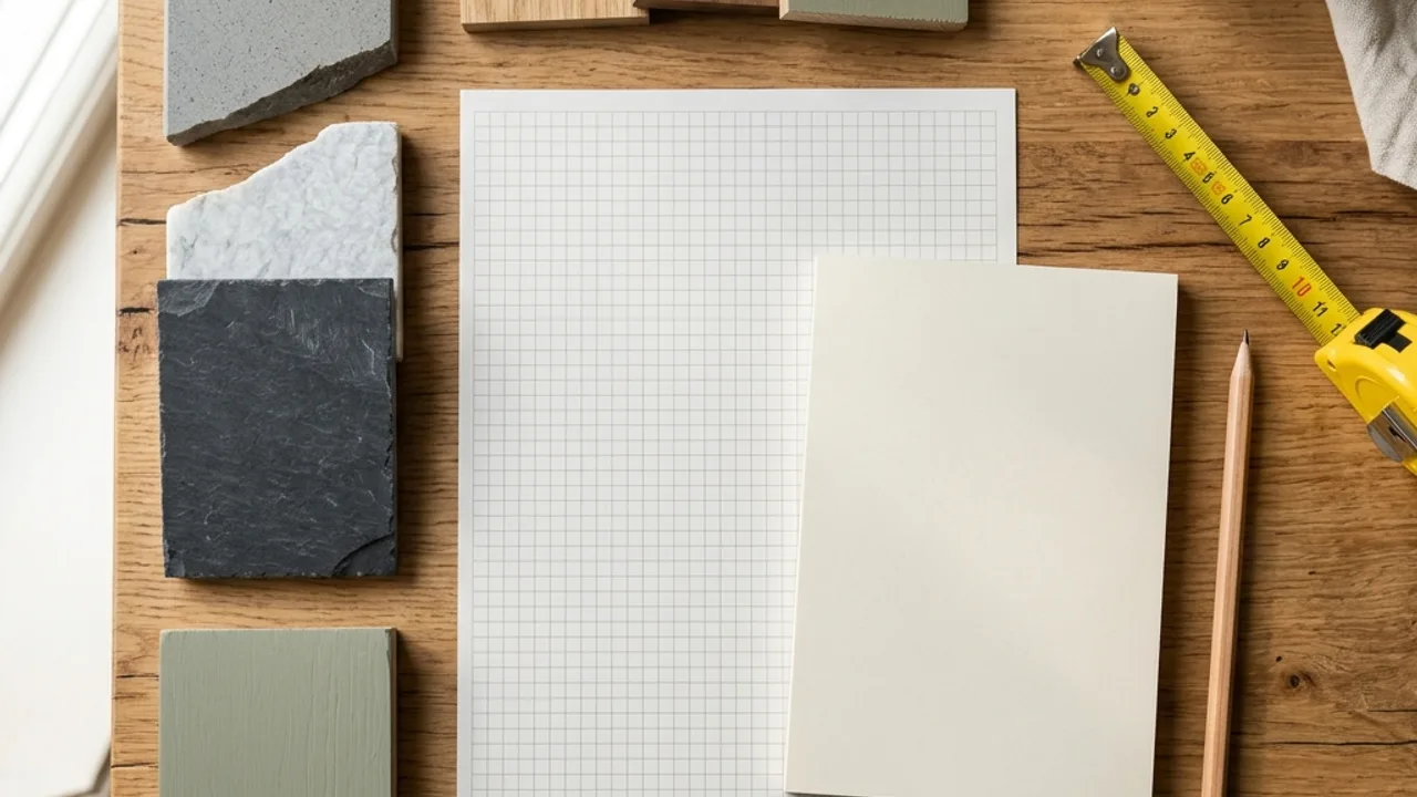 Kitchen renovation planning desk with stone and timber samples for a Melbourne budget estimate