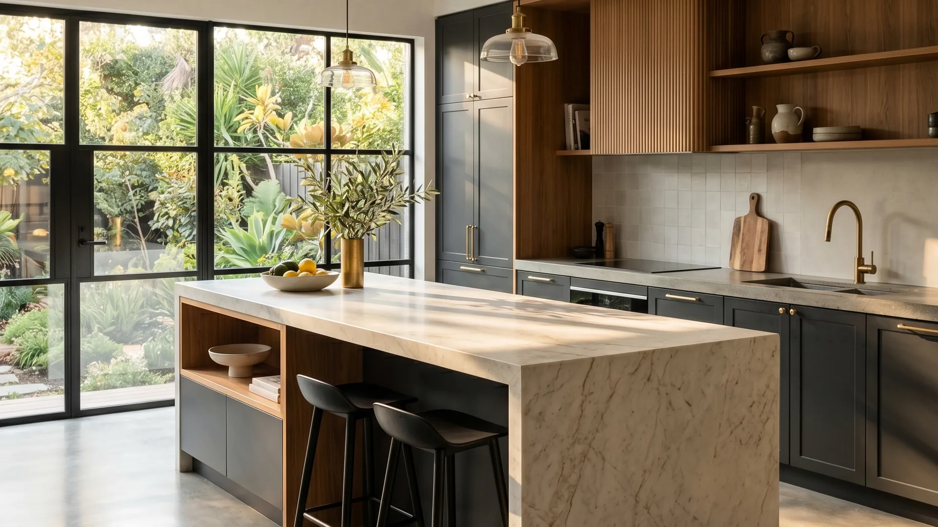 Renovated Melbourne kitchen with a stone island bench, warm timber cabinetry and pendant lighting