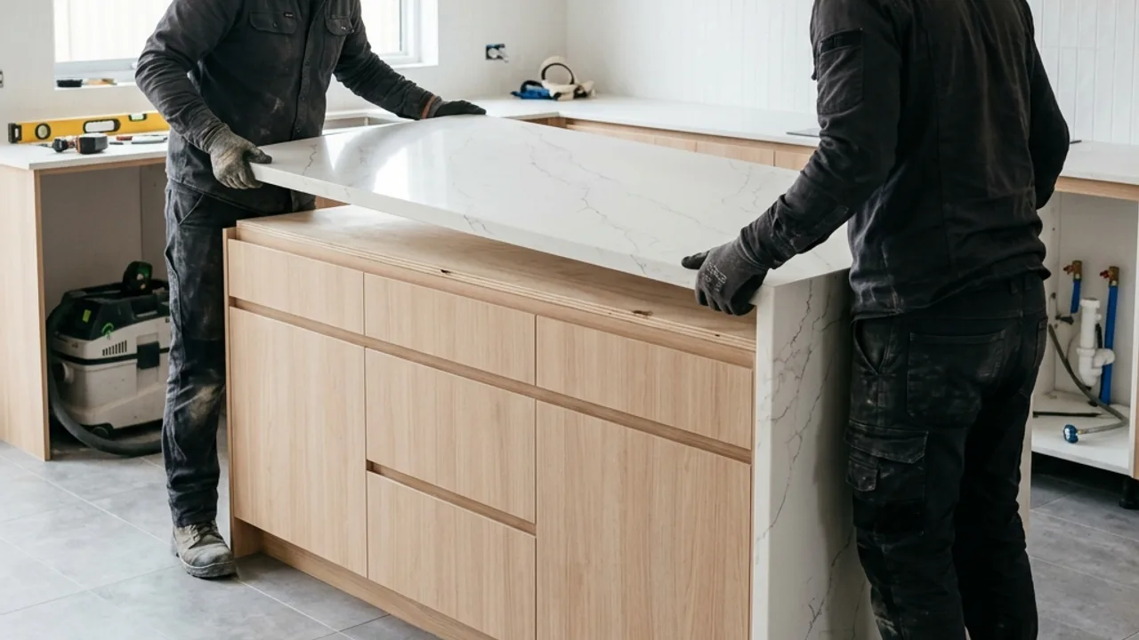 Stone benchtop installed on fresh cabinetry showing a 20mm reveal and waterfall edge