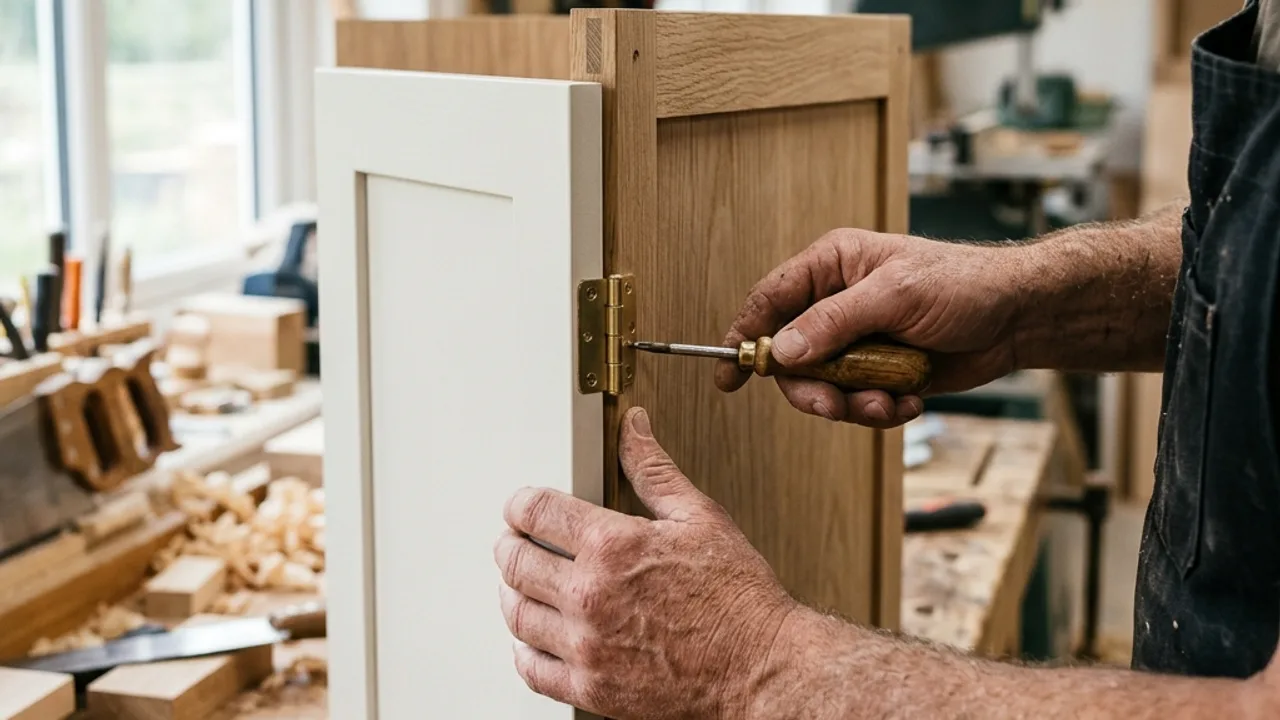 Cabinetmaker fitting soft-close hardware to custom kitchen joinery in a Melbourne workshop