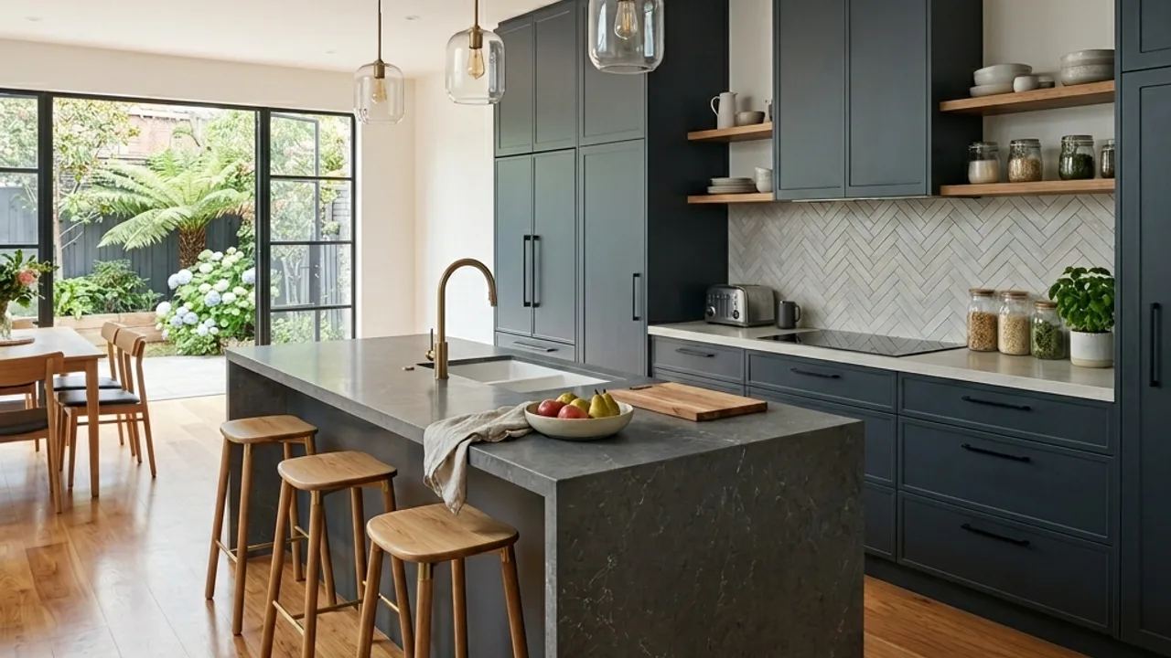 Finished Melbourne kitchen with a stone island bench, custom cabinetry and pendant lighting