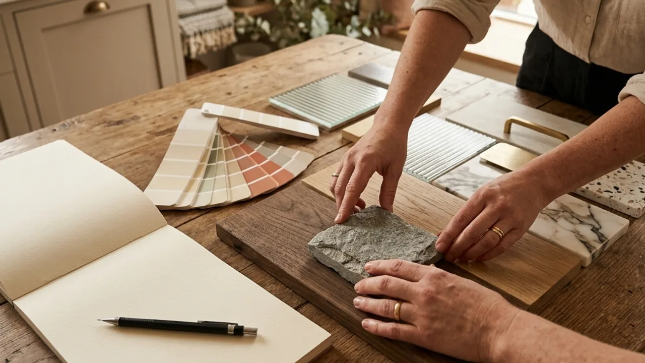 Kitchen designer presenting a 3D render and material samples for a Melbourne kitchen renovation
