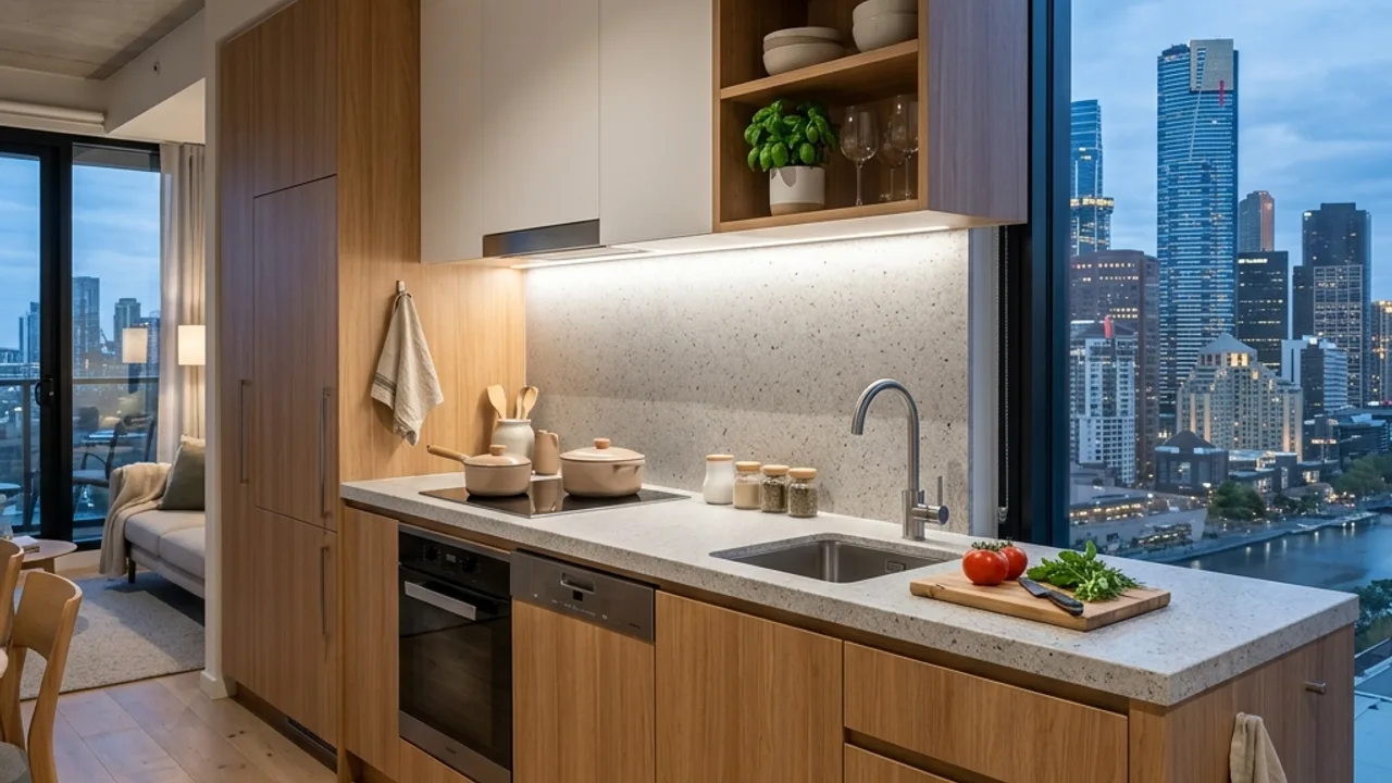 Compact apartment kitchen with a single-wall layout and integrated appliances in a Melbourne unit